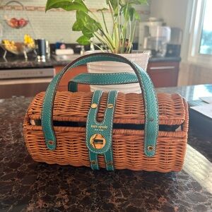 Kate Spade Vintage Wicker & Turquoise Leather Tote W/Turn Lock Closure.
